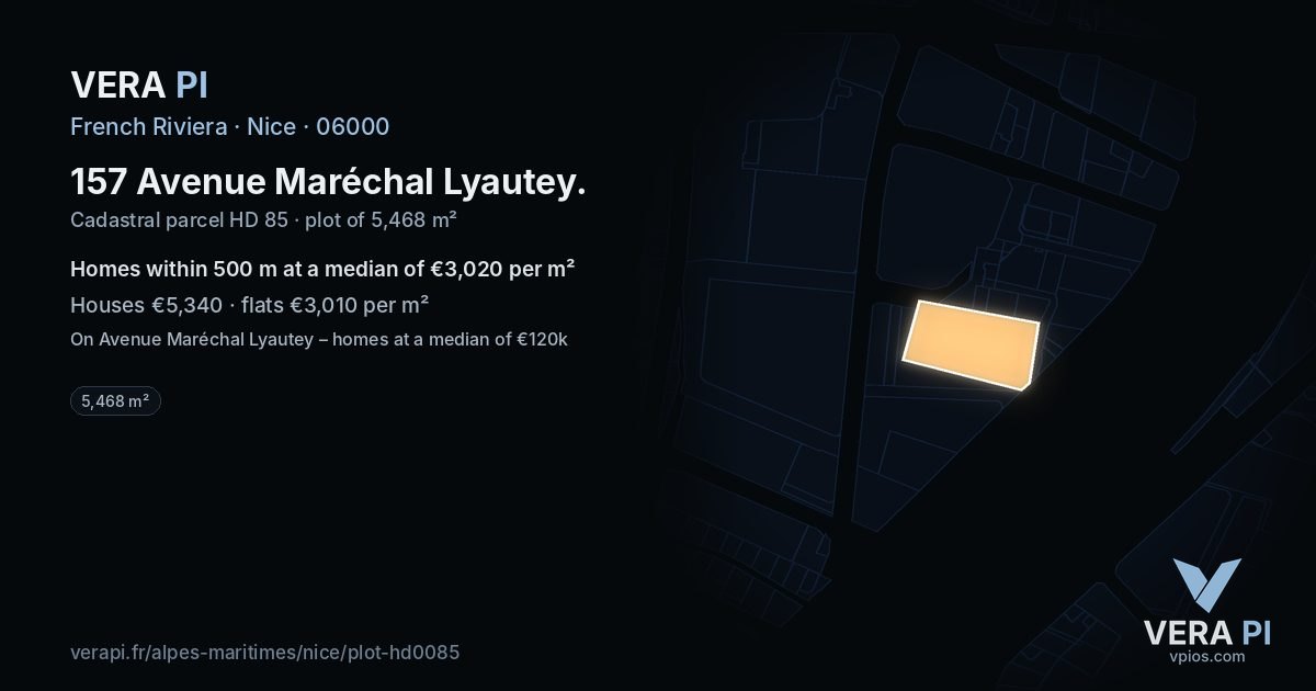 157 Avenue Maréchal Lyautey, Nice at night – the plot lit, the parcels around coloured by the prices near them