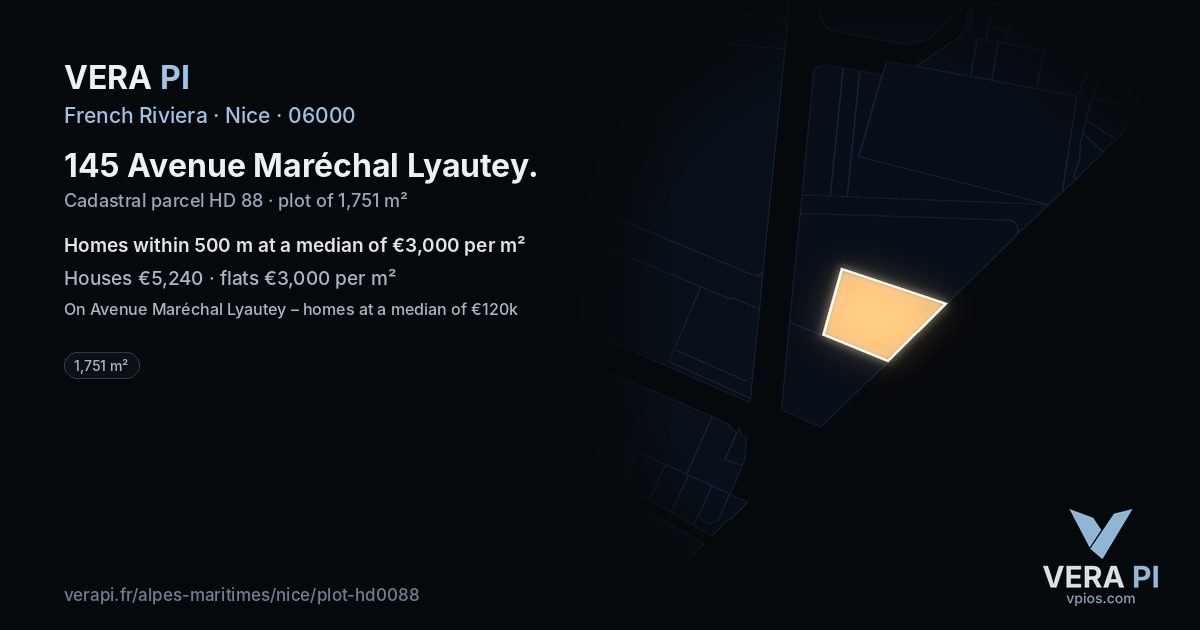 145 Avenue Maréchal Lyautey, Nice at night – the plot lit, the parcels around coloured by the prices near them