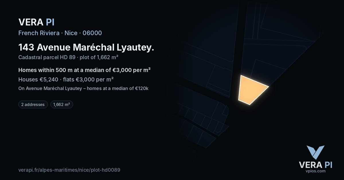 143 Avenue Maréchal Lyautey, Nice at night – the plot lit, the parcels around coloured by the prices near them