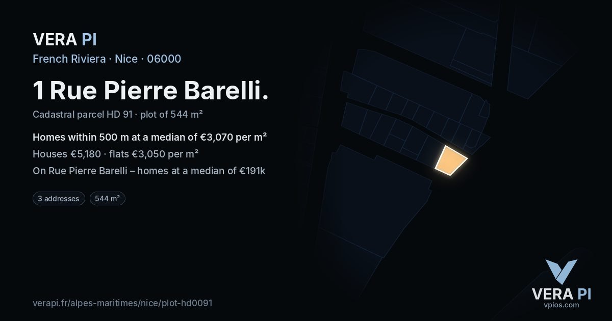 1 Rue Pierre Barelli, Nice at night – the plot lit, the parcels around coloured by the prices near them