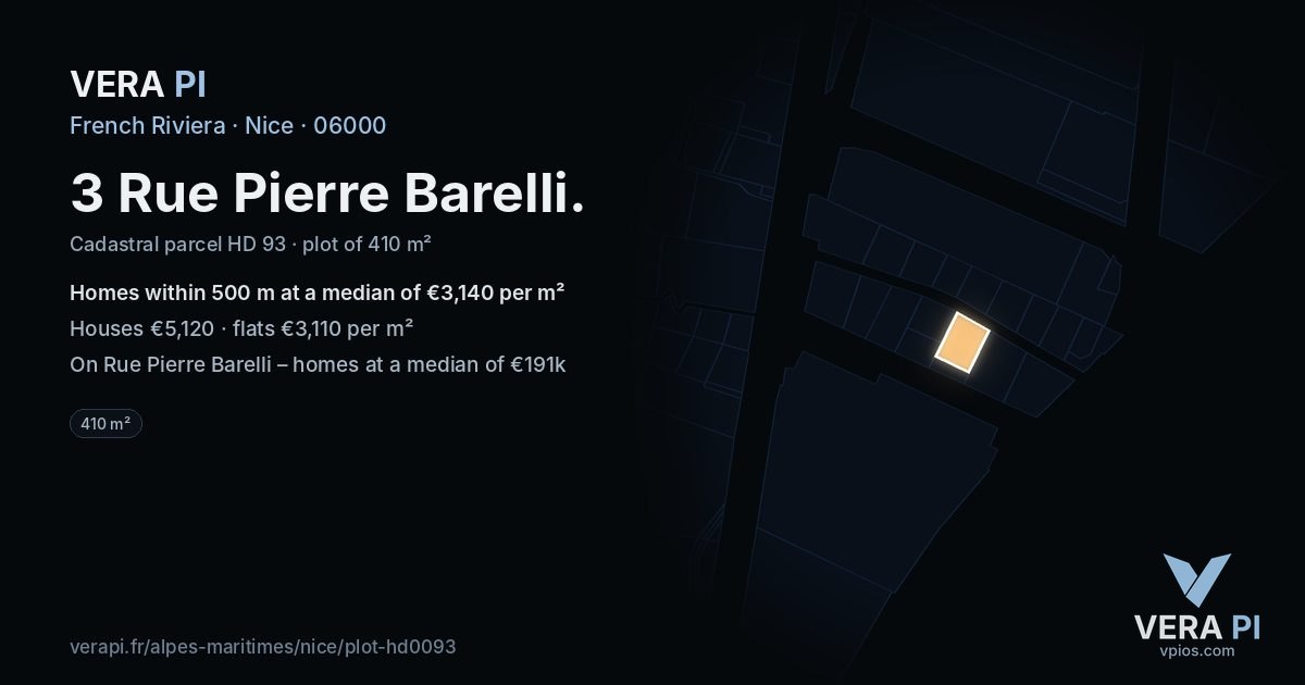 3 Rue Pierre Barelli, Nice at night – the plot lit, the parcels around coloured by the prices near them