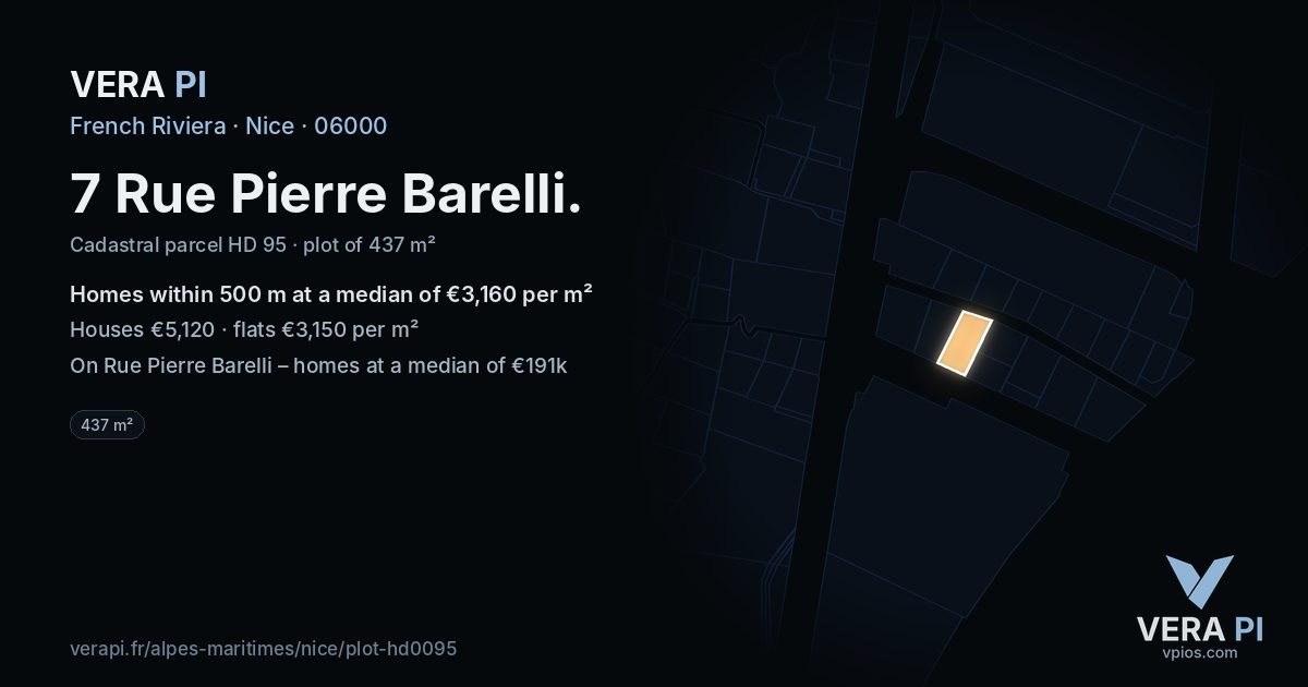 7 Rue Pierre Barelli, Nice at night – the plot lit, the parcels around coloured by the prices near them