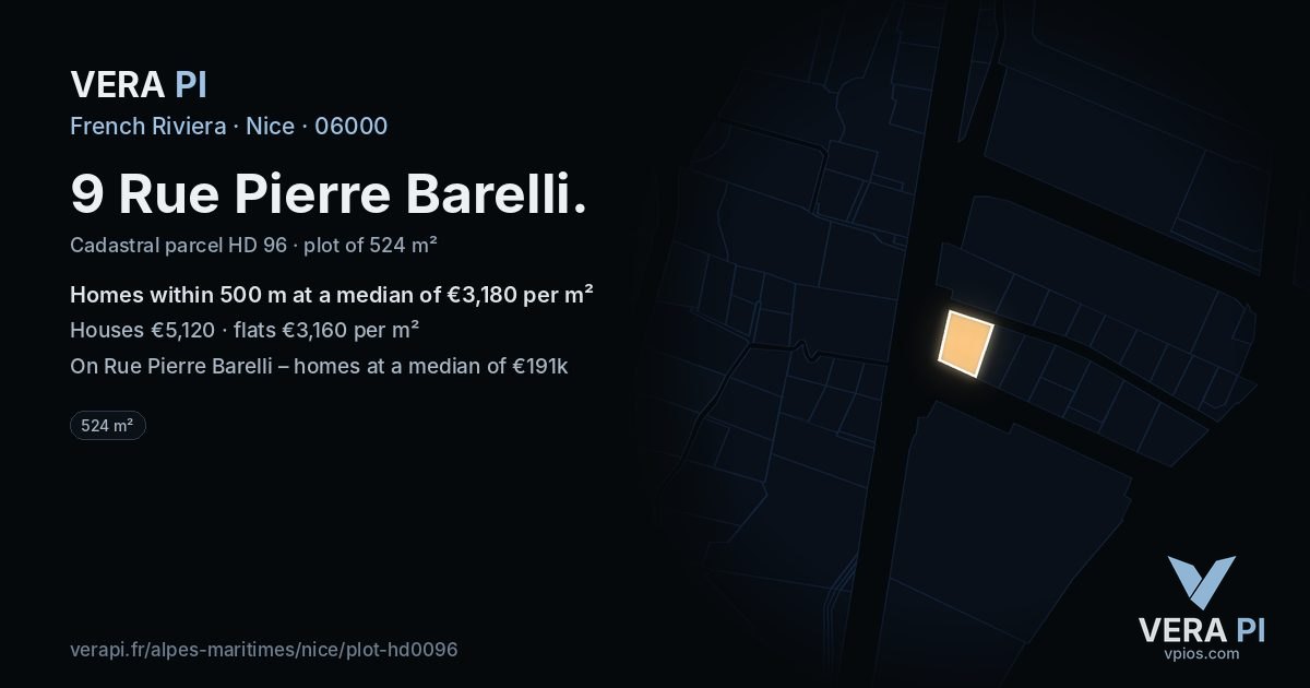 9 Rue Pierre Barelli, Nice at night – the plot lit, the parcels around coloured by the prices near them