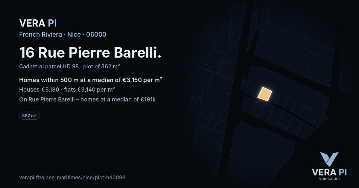 16 Rue Pierre Barelli, Nice at night – the plot lit, the parcels around coloured by the prices near them