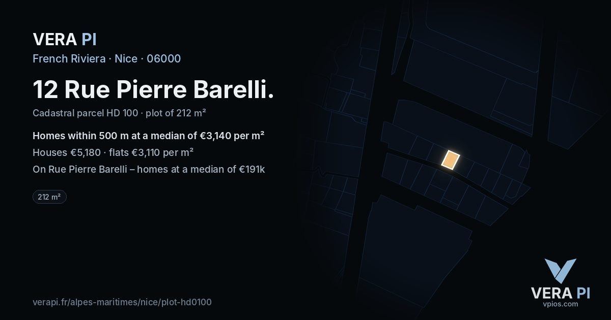 12 Rue Pierre Barelli, Nice at night – the plot lit, the parcels around coloured by the prices near them