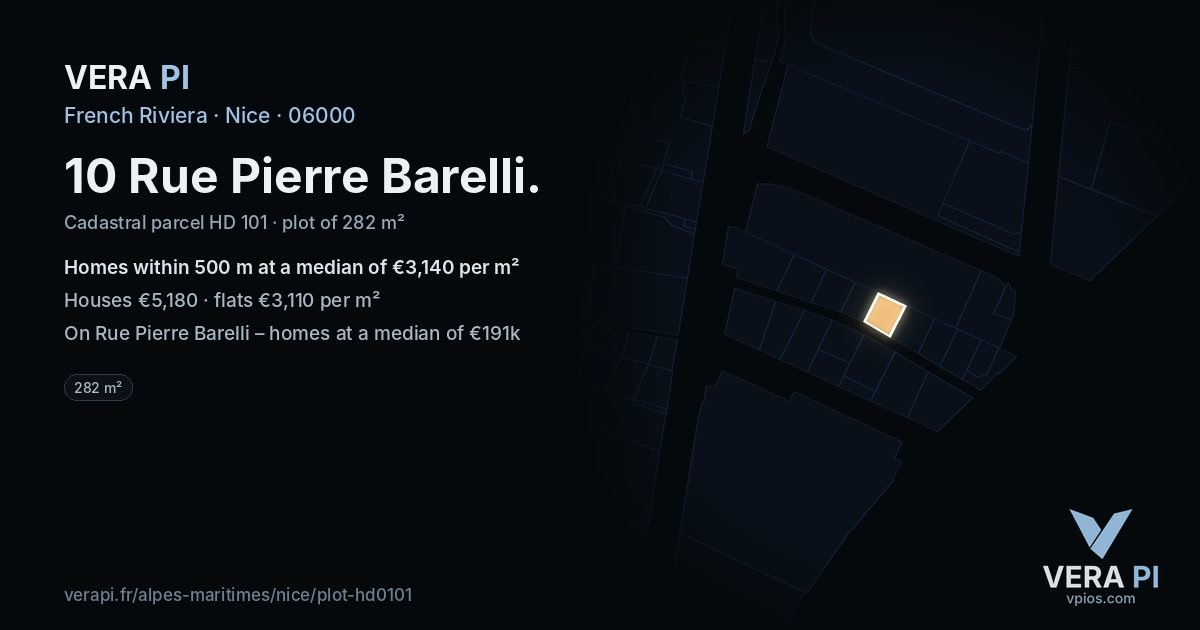 10 Rue Pierre Barelli, Nice at night – the plot lit, the parcels around coloured by the prices near them