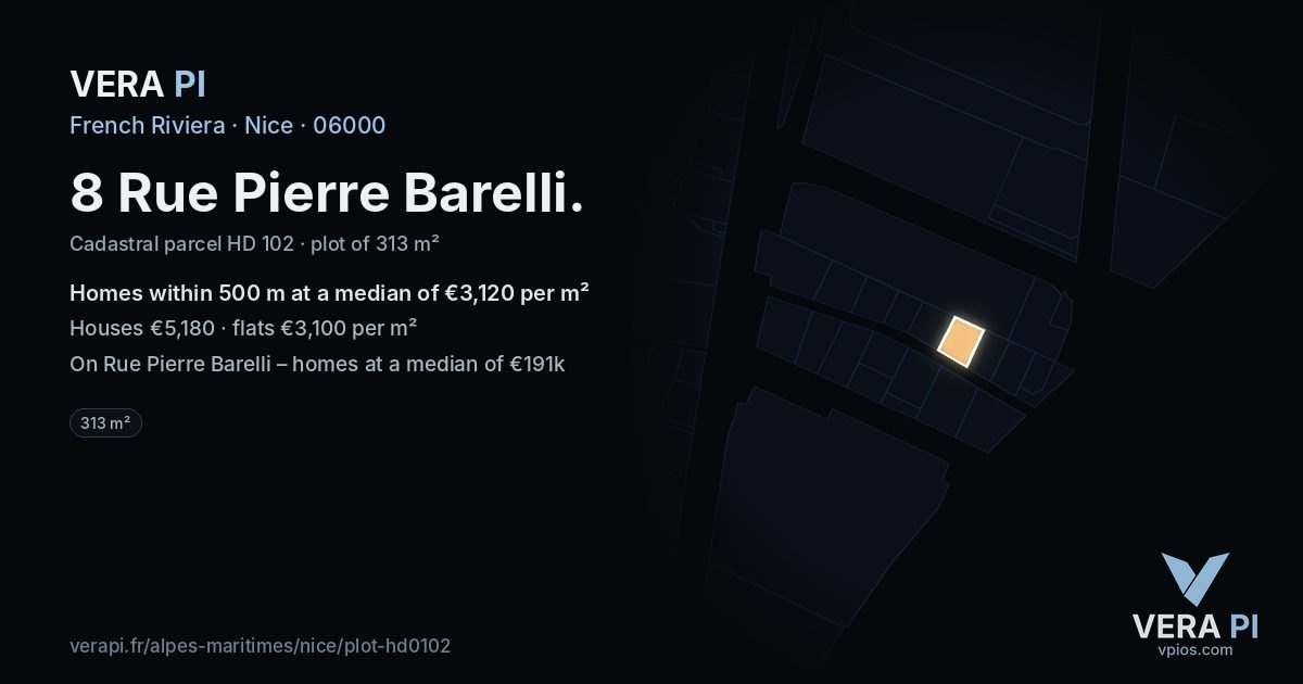 8 Rue Pierre Barelli, Nice at night – the plot lit, the parcels around coloured by the prices near them
