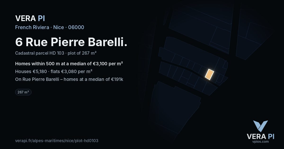6 Rue Pierre Barelli, Nice at night – the plot lit, the parcels around coloured by the prices near them
