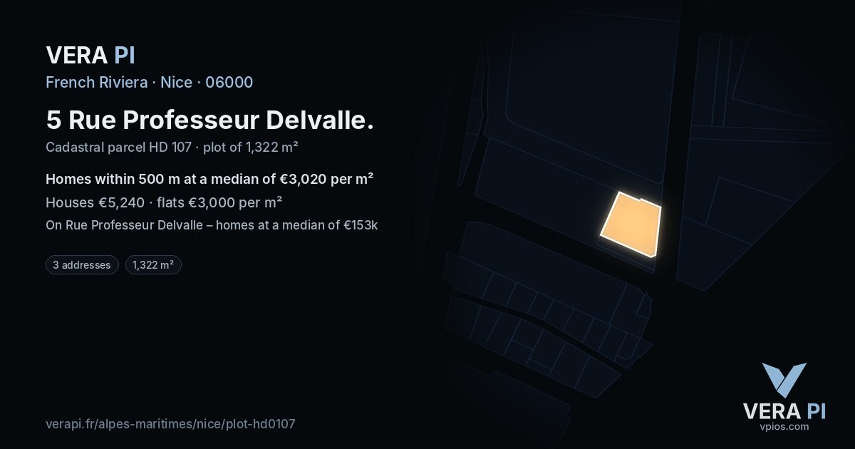 5 Rue Professeur Delvalle, Nice at night – the plot lit, the parcels around coloured by the prices near them