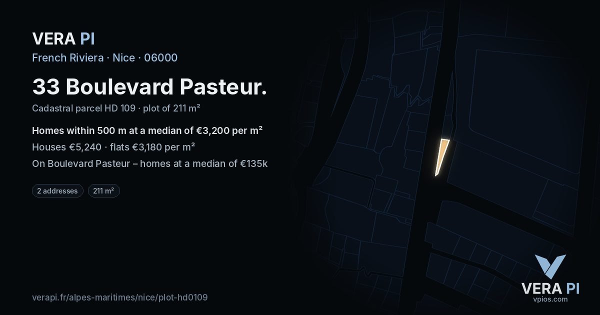 33 Boulevard Pasteur, Nice at night – the plot lit, the parcels around coloured by the prices near them