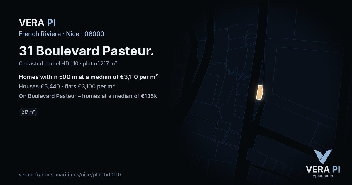 31 Boulevard Pasteur, Nice at night – the plot lit, the parcels around coloured by the prices near them