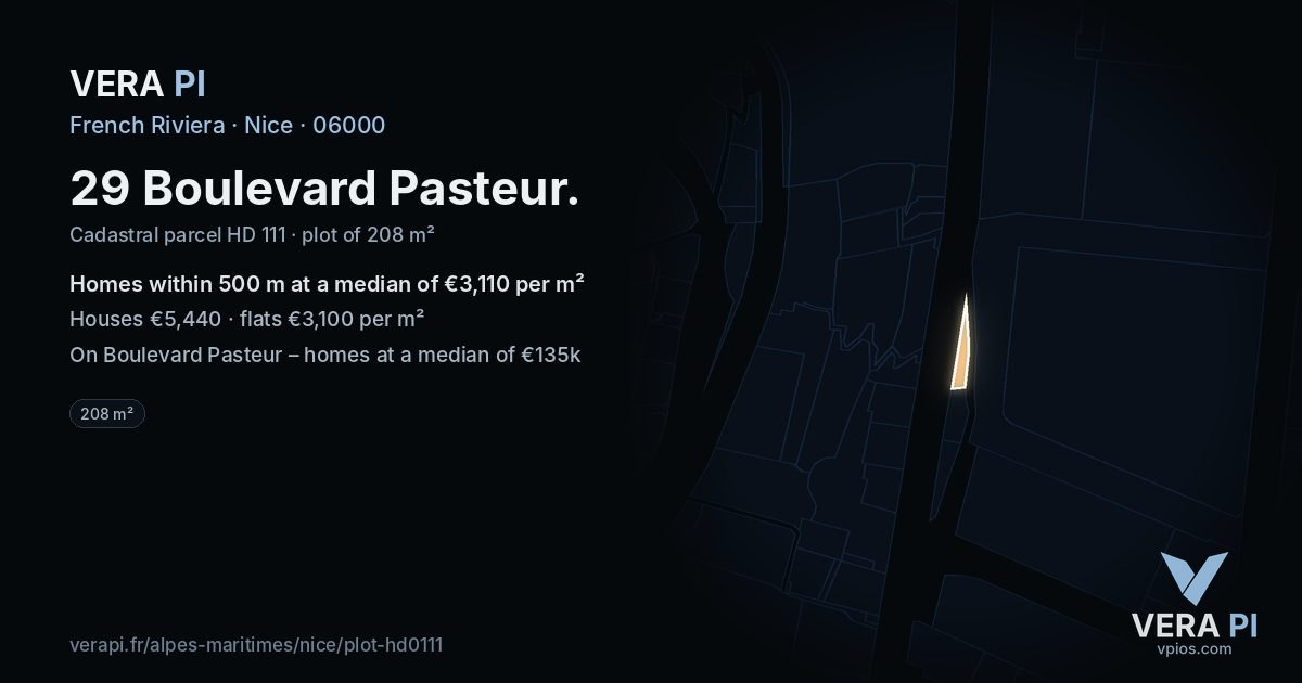 29 Boulevard Pasteur, Nice at night – the plot lit, the parcels around coloured by the prices near them