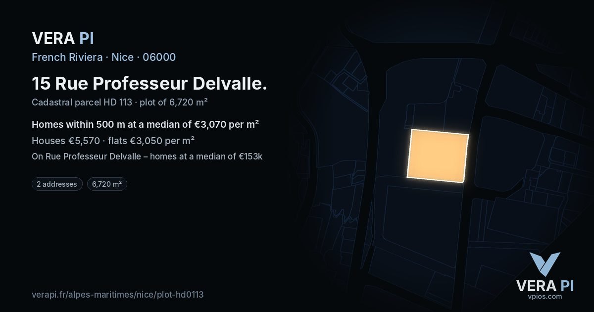 15 Rue Professeur Delvalle, Nice at night – the plot lit, the parcels around coloured by the prices near them