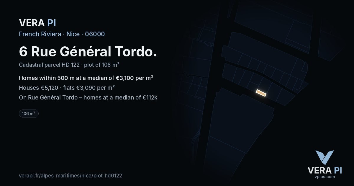 6 Rue Général Tordo, Nice at night – the plot lit, the parcels around coloured by the prices near them