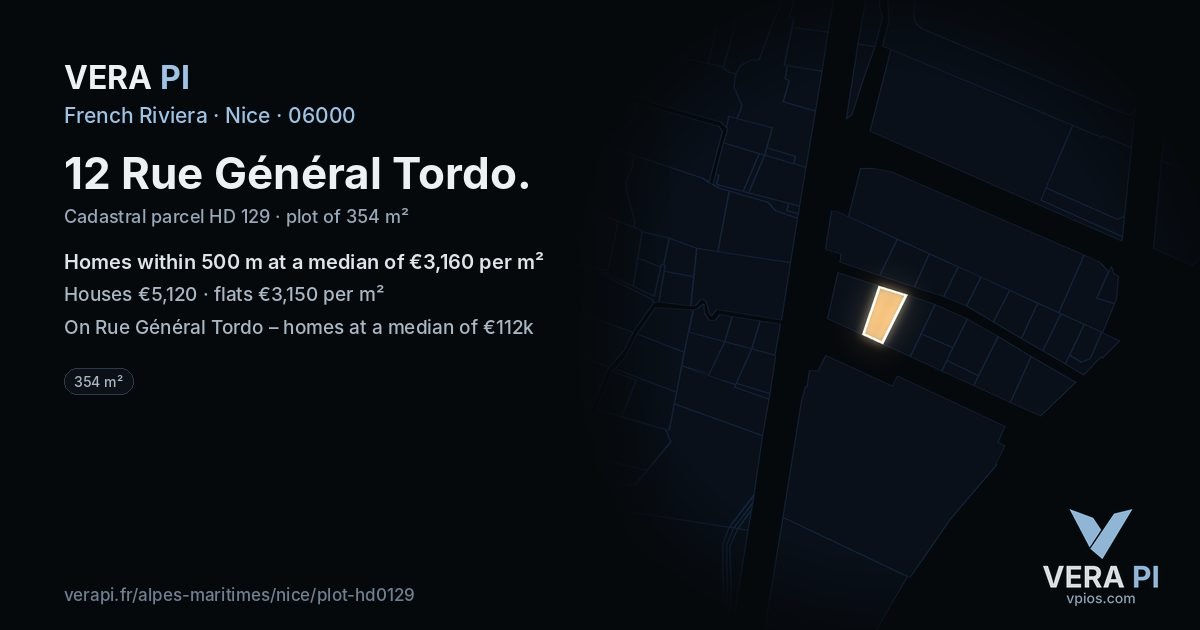 12 Rue Général Tordo, Nice at night – the plot lit, the parcels around coloured by the prices near them