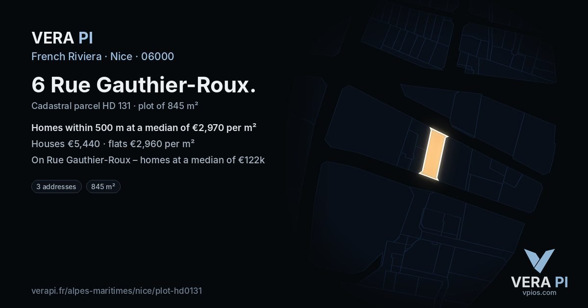 6 Rue Gauthier-Roux, Nice at night – the plot lit, the parcels around coloured by the prices near them