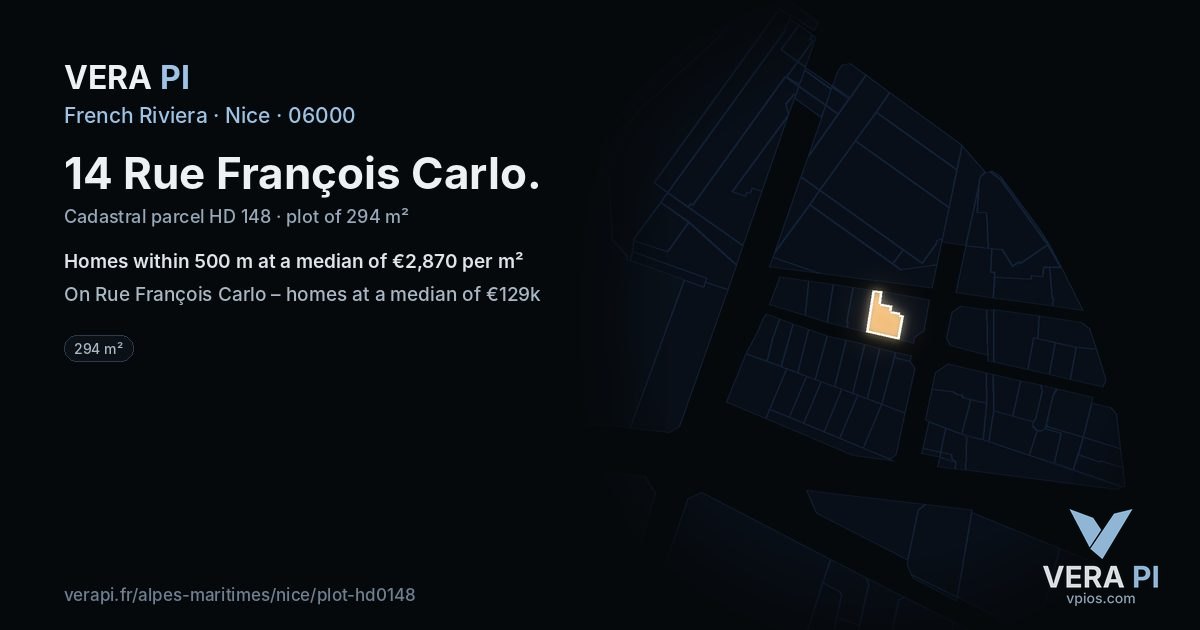 14 Rue François Carlo, Nice at night – the plot lit, the parcels around coloured by the prices near them