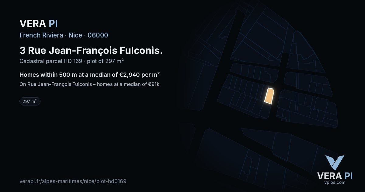 3 Rue Jean-François Fulconis, Nice at night – the plot lit, the parcels around coloured by the prices near them