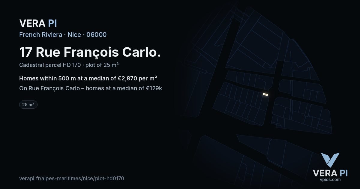 17 Rue François Carlo, Nice at night – the plot lit, the parcels around coloured by the prices near them