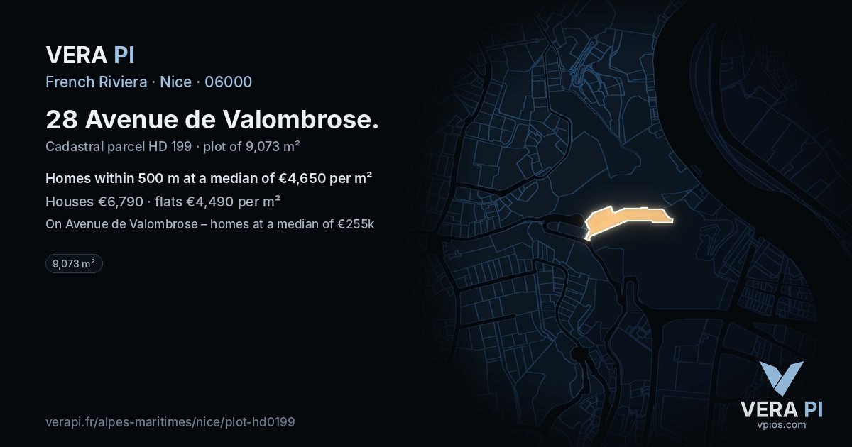 28 Avenue de Valombrose, Nice at night – the plot lit, the parcels around coloured by the prices near them