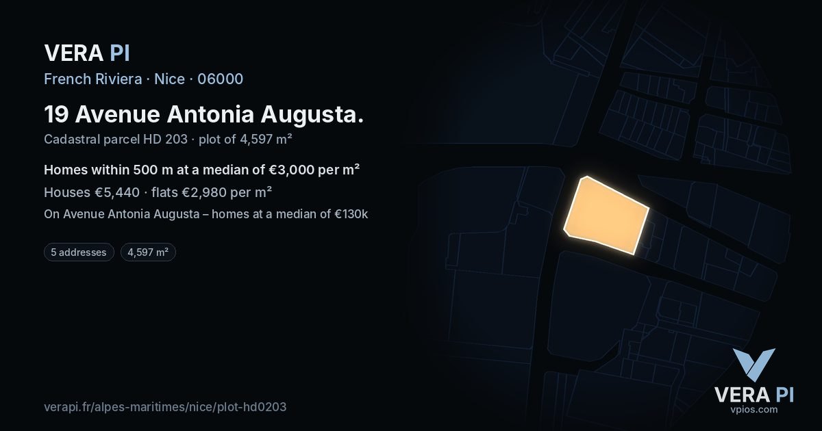 19 Avenue Antonia Augusta, Nice at night – the plot lit, the parcels around coloured by the prices near them
