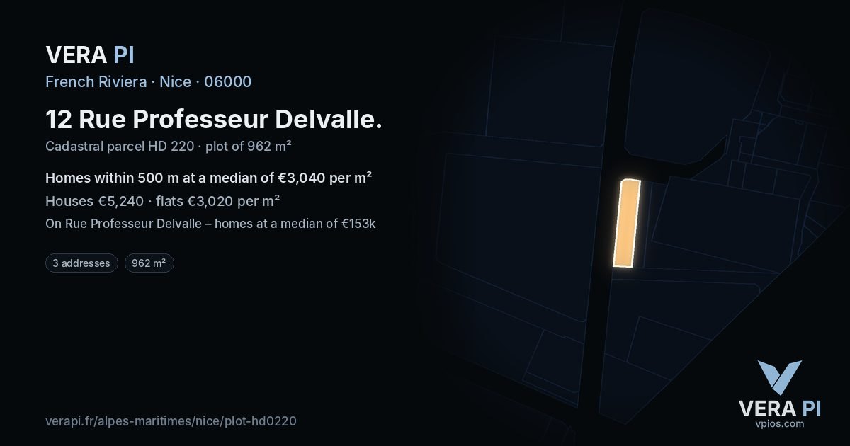 12 Rue Professeur Delvalle, Nice at night – the plot lit, the parcels around coloured by the prices near them