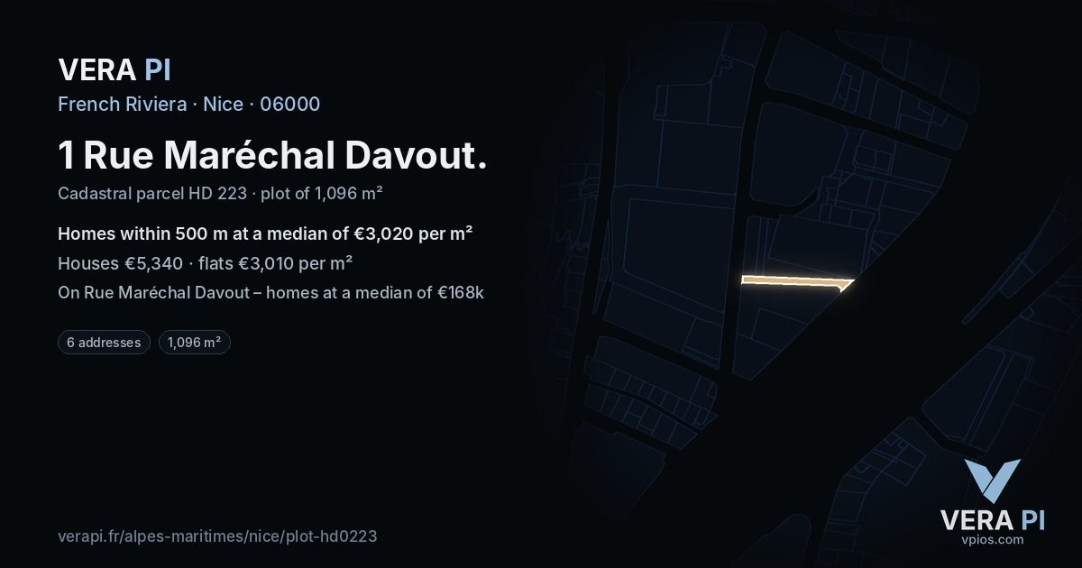 1 Rue Maréchal Davout, Nice at night – the plot lit, the parcels around coloured by the prices near them