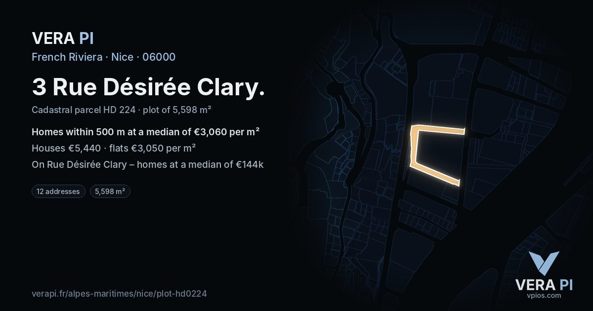 3 Rue Désirée Clary, Nice at night – the plot lit, the parcels around coloured by the prices near them