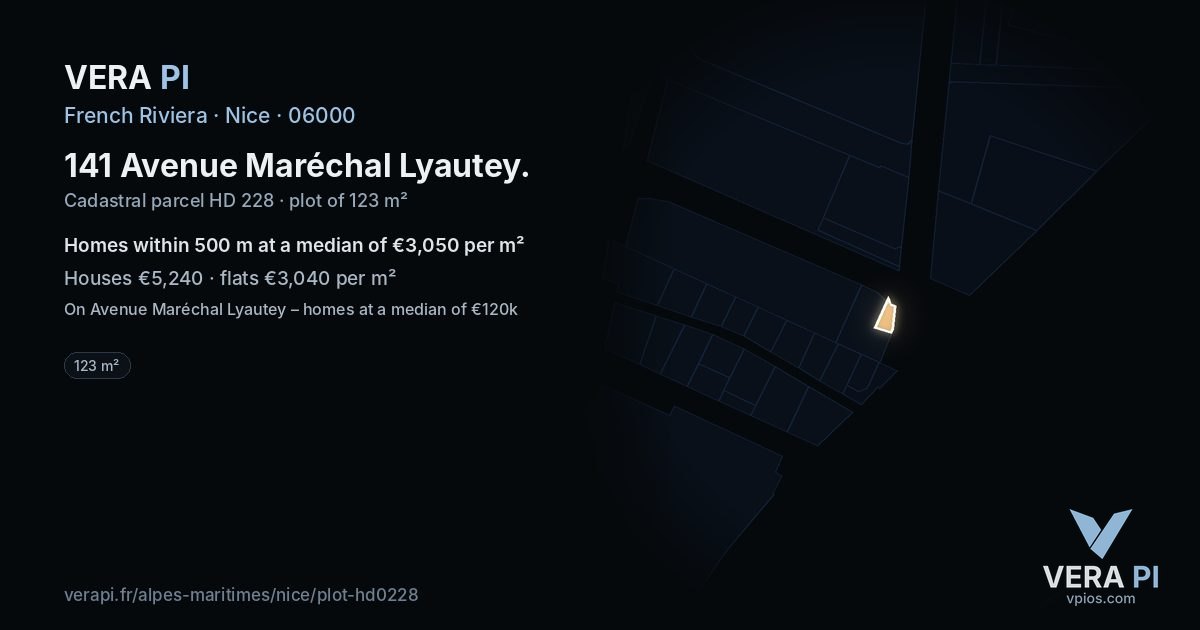 141 Avenue Maréchal Lyautey, Nice at night – the plot lit, the parcels around coloured by the prices near them
