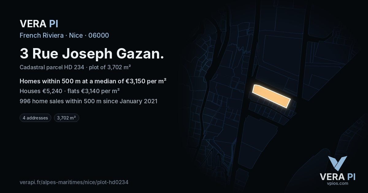 3 Rue Joseph Gazan, Nice at night – the plot lit, the parcels around coloured by the prices near them