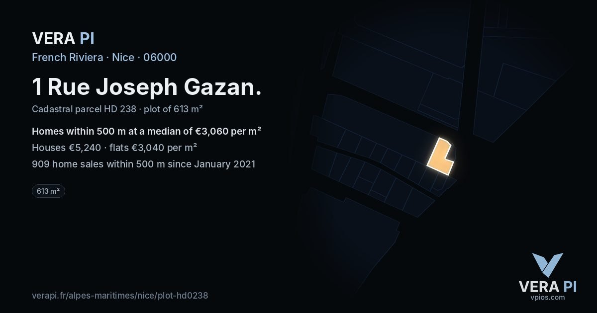 1 Rue Joseph Gazan, Nice at night – the plot lit, the parcels around coloured by the prices near them