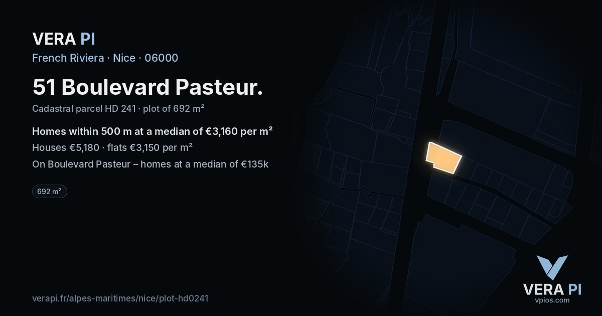 51 Boulevard Pasteur, Nice at night – the plot lit, the parcels around coloured by the prices near them