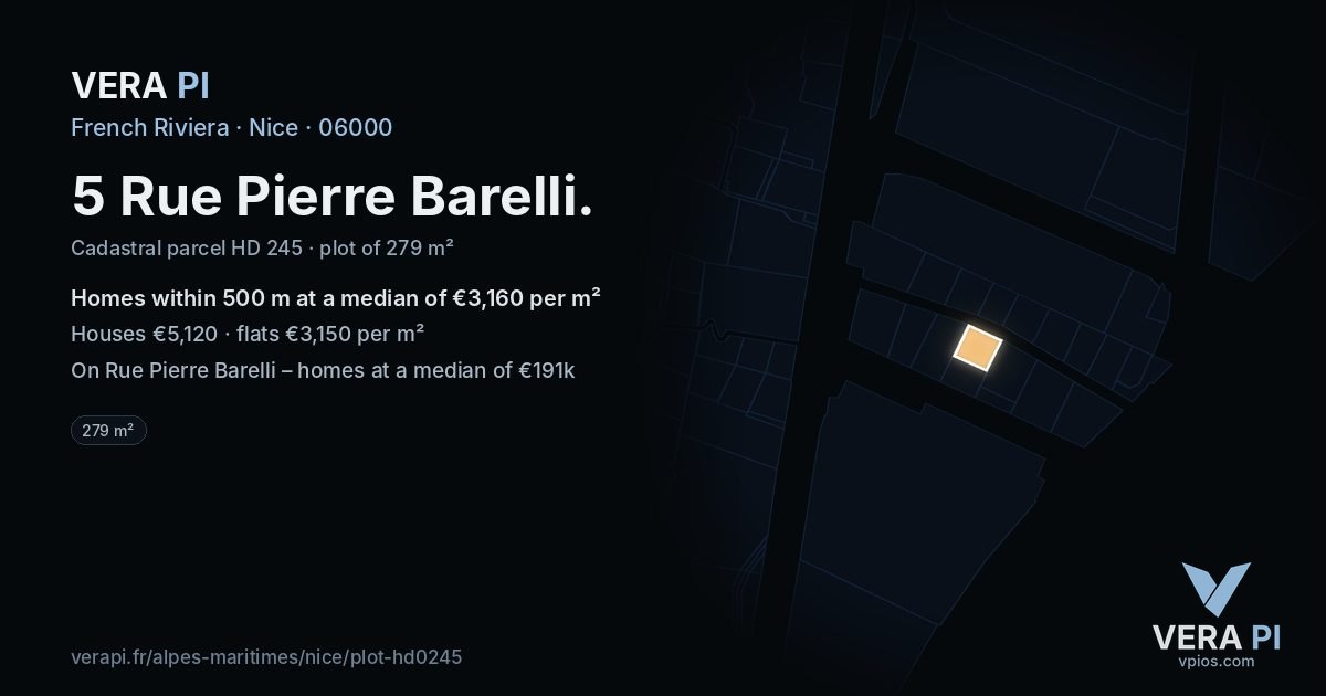 5 Rue Pierre Barelli, Nice at night – the plot lit, the parcels around coloured by the prices near them