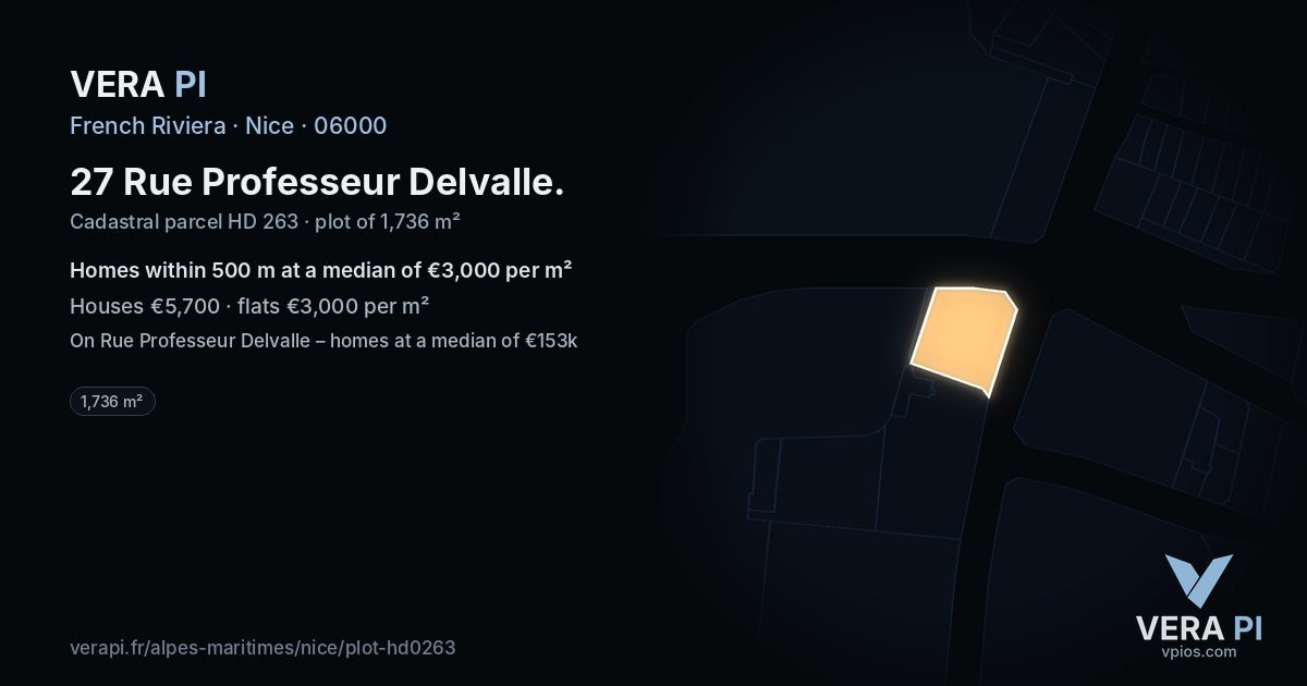 27 Rue Professeur Delvalle, Nice at night – the plot lit, the parcels around coloured by the prices near them