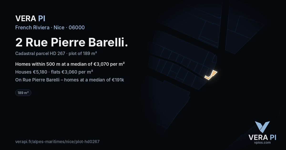 2 Rue Pierre Barelli, Nice at night – the plot lit, the parcels around coloured by the prices near them