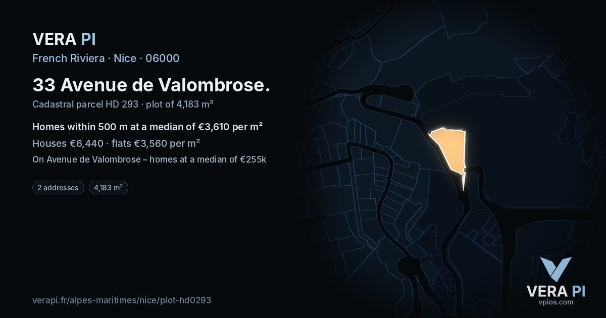 33 Avenue de Valombrose, Nice at night – the plot lit, the parcels around coloured by the prices near them