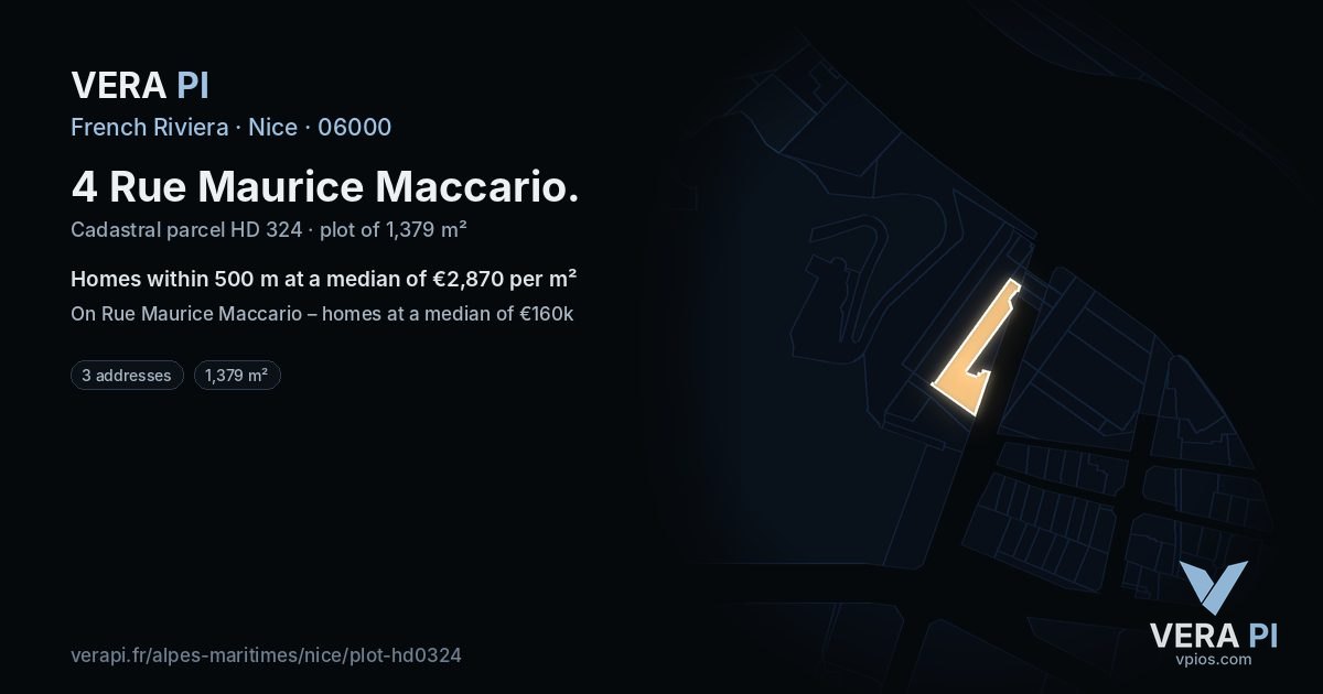 4 Rue Maurice Maccario, Nice at night – the plot lit, the parcels around coloured by the prices near them