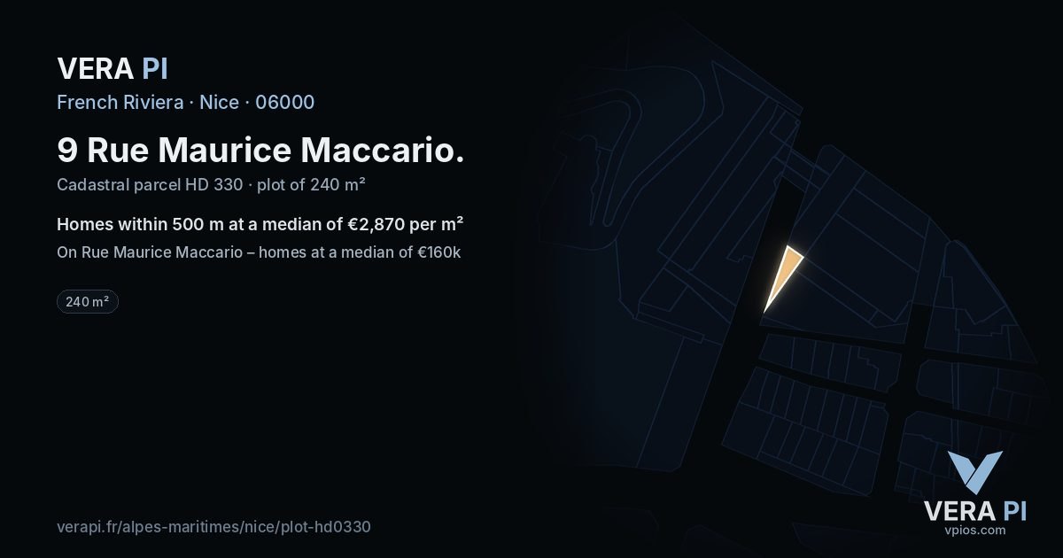 9 Rue Maurice Maccario, Nice at night – the plot lit, the parcels around coloured by the prices near them