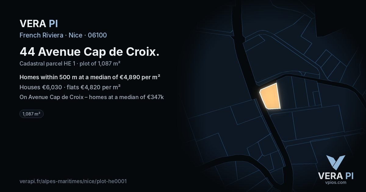 44 Avenue Cap de Croix, Nice at night – the plot lit, the parcels around coloured by the prices near them