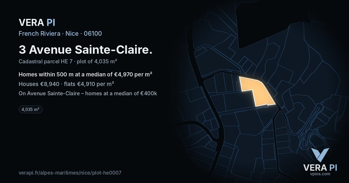 3 Avenue Sainte-Claire, Nice at night – the plot lit, the parcels around coloured by the prices near them
