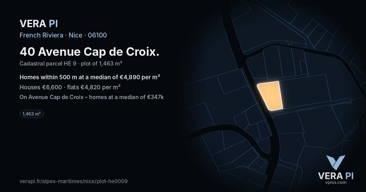 40 Avenue Cap de Croix, Nice at night – the plot lit, the parcels around coloured by the prices near them
