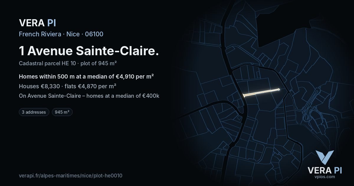 1 Avenue Sainte-Claire, Nice at night – the plot lit, the parcels around coloured by the prices near them