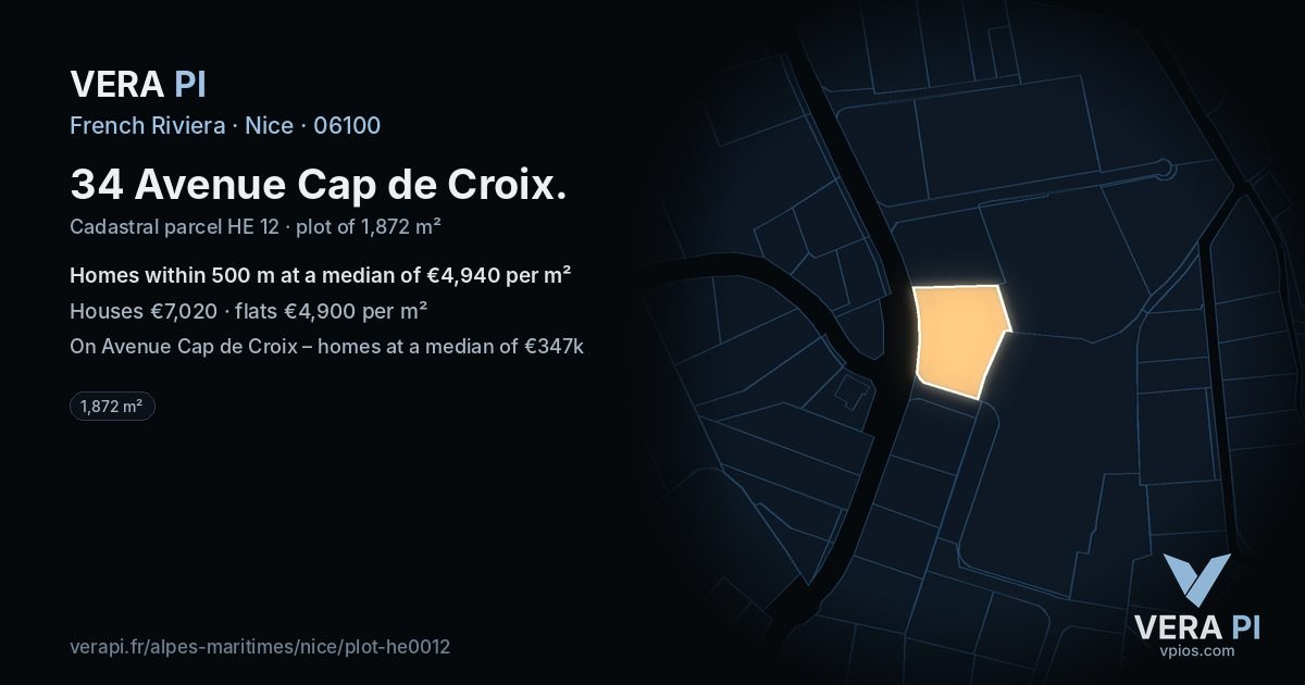34 Avenue Cap de Croix, Nice at night – the plot lit, the parcels around coloured by the prices near them