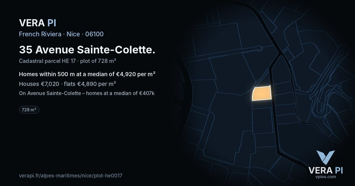35 Avenue Sainte-Colette, Nice at night – the plot lit, the parcels around coloured by the prices near them