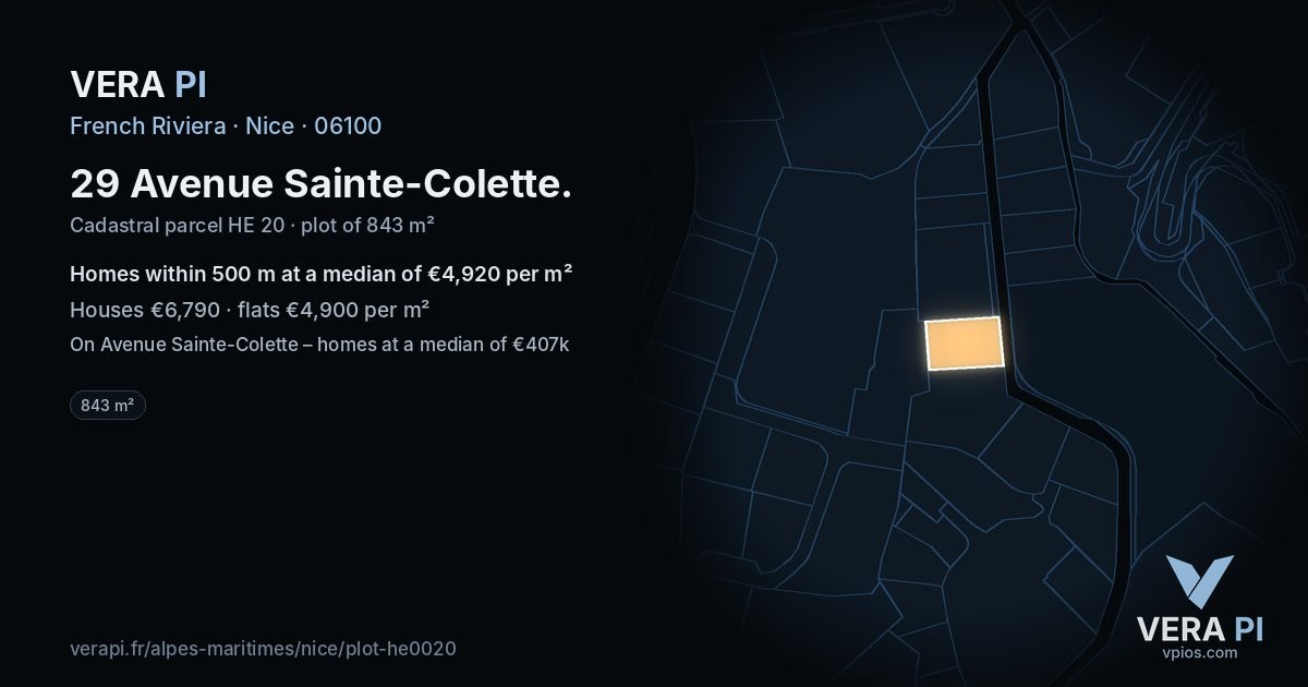 29 Avenue Sainte-Colette, Nice at night – the plot lit, the parcels around coloured by the prices near them