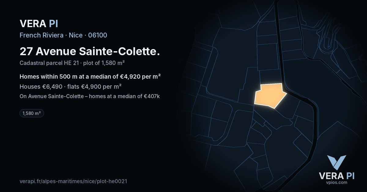 27 Avenue Sainte-Colette, Nice at night – the plot lit, the parcels around coloured by the prices near them