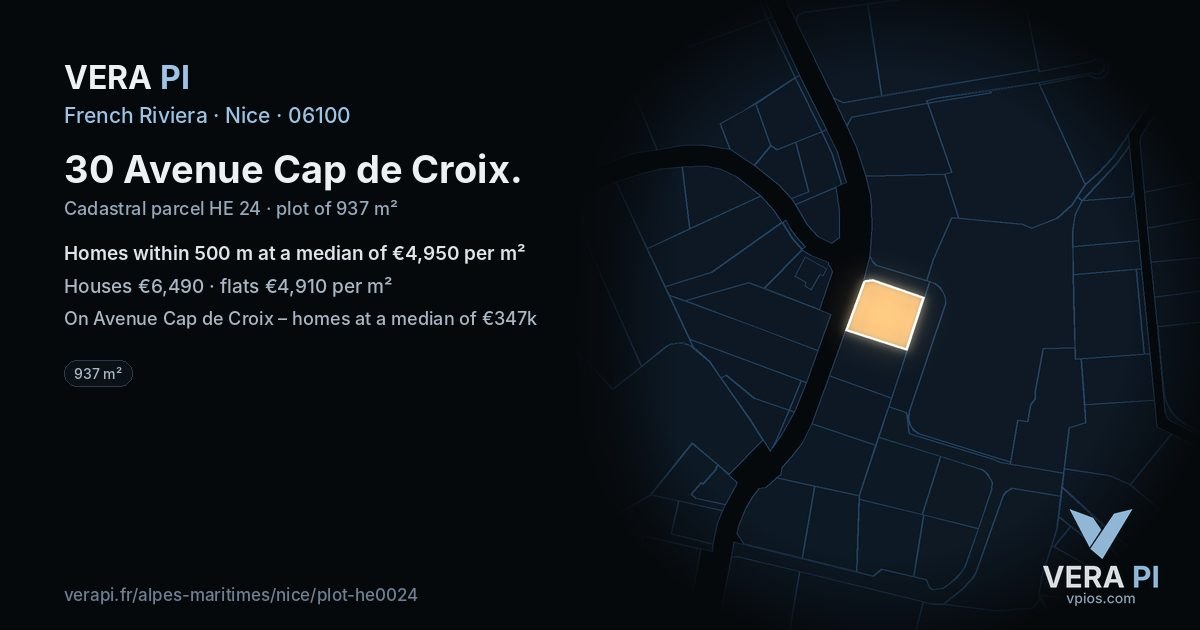 30 Avenue Cap de Croix, Nice at night – the plot lit, the parcels around coloured by the prices near them