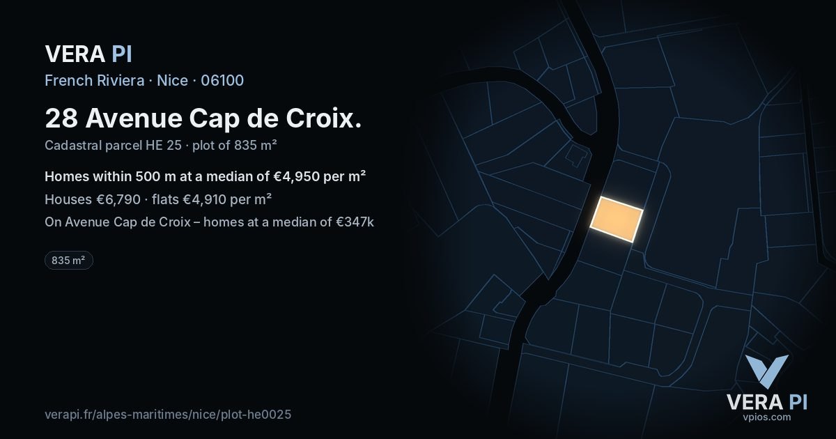 28 Avenue Cap de Croix, Nice at night – the plot lit, the parcels around coloured by the prices near them