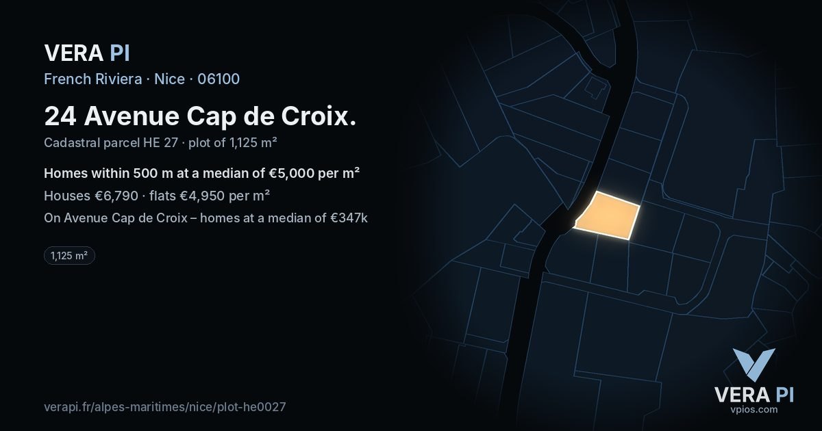 24 Avenue Cap de Croix, Nice at night – the plot lit, the parcels around coloured by the prices near them