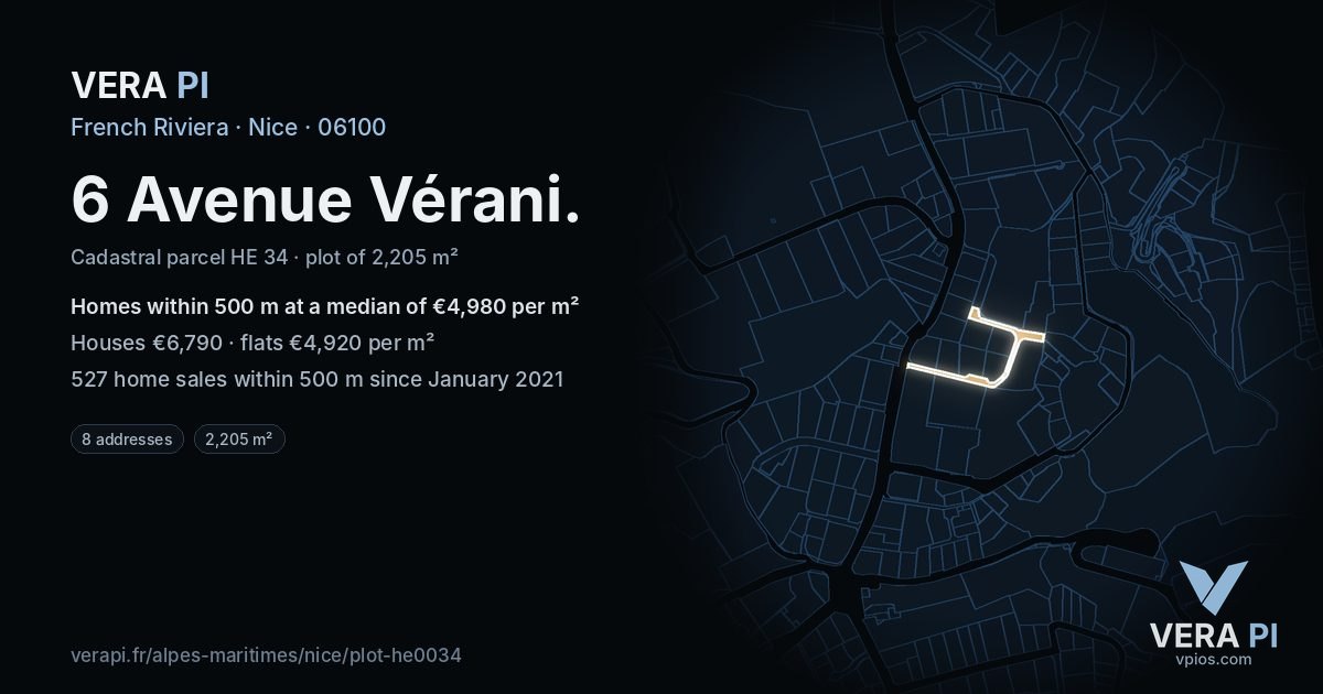 6 Avenue Vérani, Nice at night – the plot lit, the parcels around coloured by the prices near them
